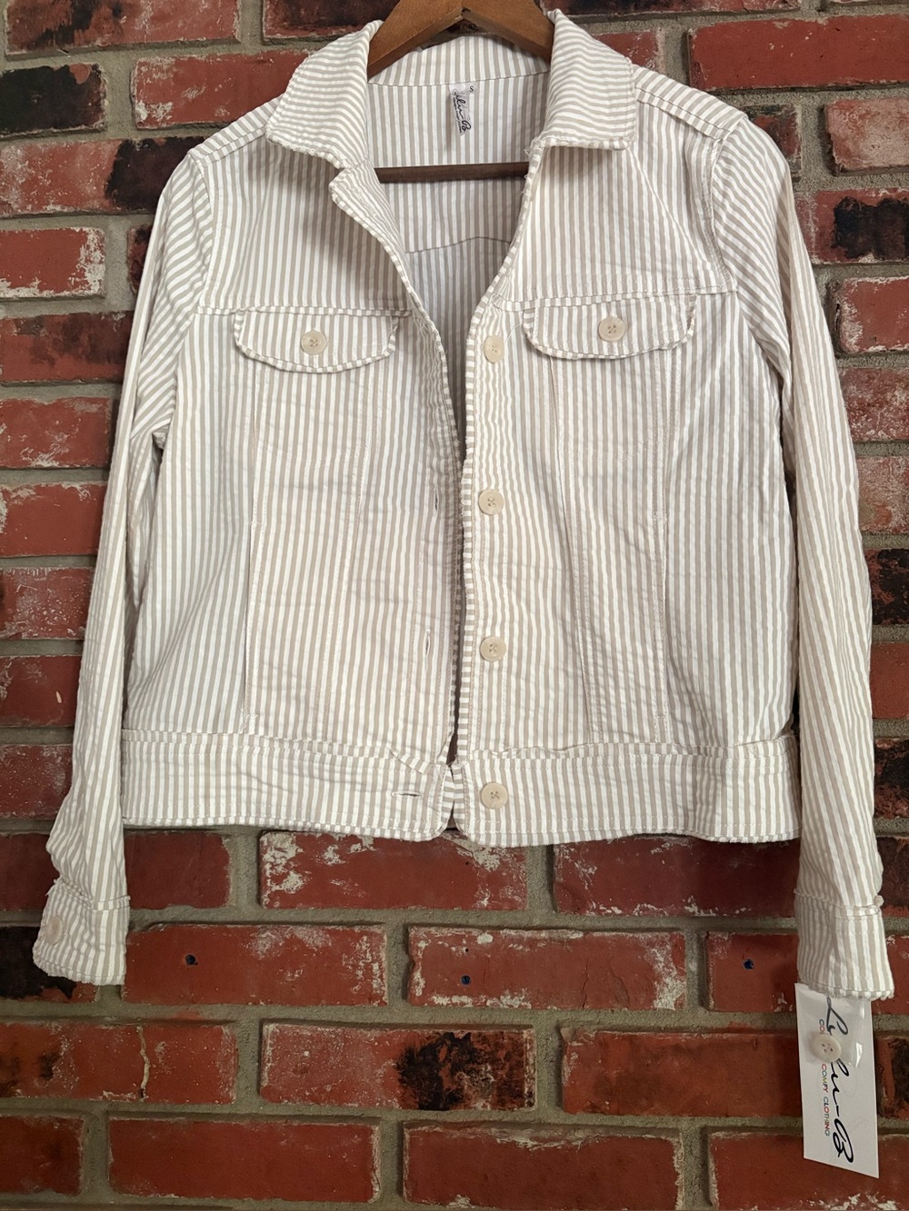 Lulu-B Seersucker Striped Jacket Tan White Coastal Preppy Sz S